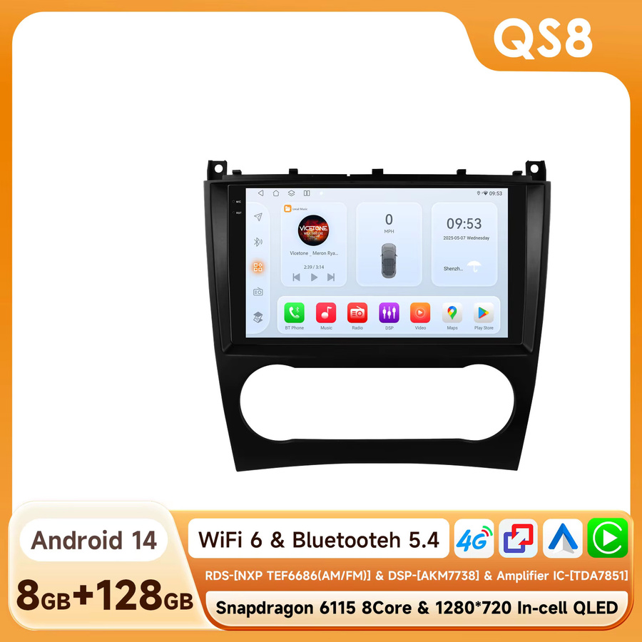 OSSURET 9 Zoll Android 15 Autoradio für Mercedes-Benz C-Klasse W203 und CLC-Klasse W203, 2 DIN Head Unit mit DSP, SWC, Wireless CarPlay, Android Auto und 4G LTE, Schwarz - Bild 8