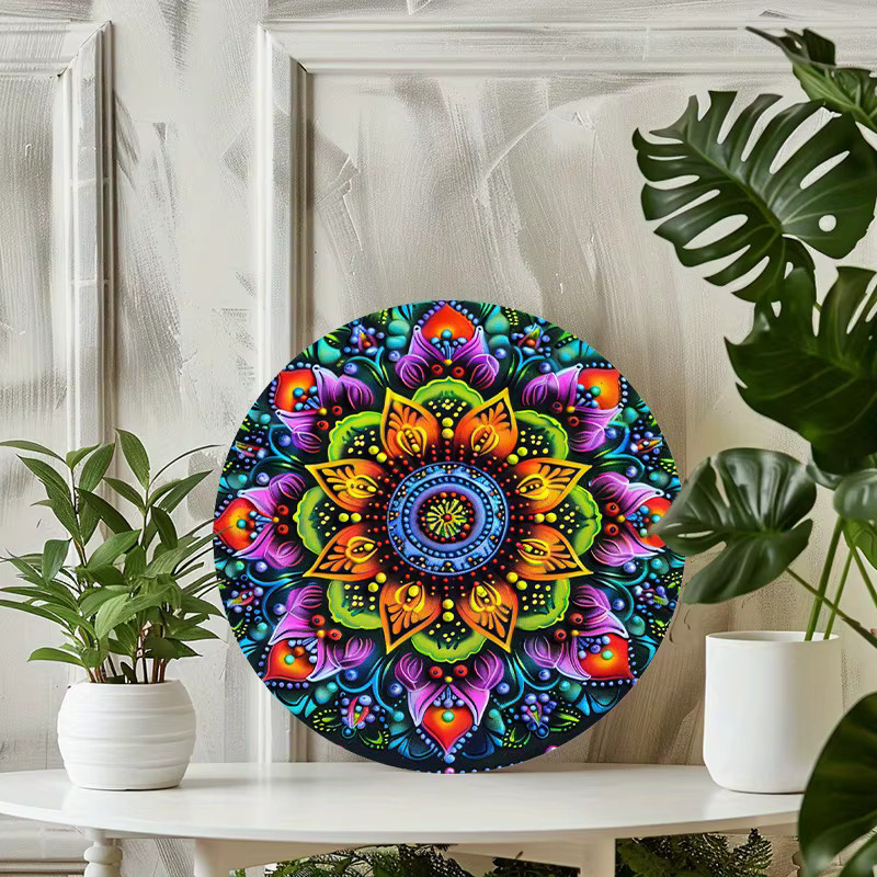 Potdemiel Rundes Vintage Wandschild mit Mandala-Motiv in Bunt, Metall Wandkunst mit geometrischem Blumenmuster, Durchmesser: 20 cm - Bild 2