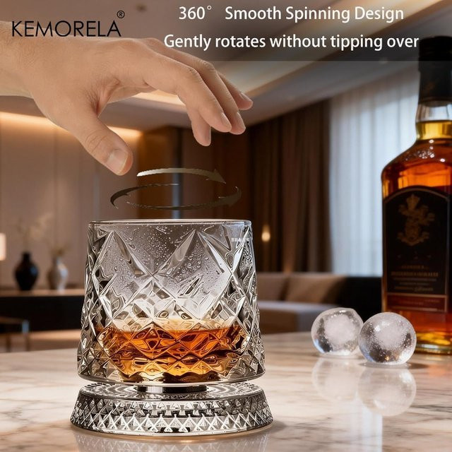 KEMORELA Rotierendes Whiskyglas aus Kristall, 360 Grad drehbarer Tumbler in Transparent, 10,5 cm - Bild 1