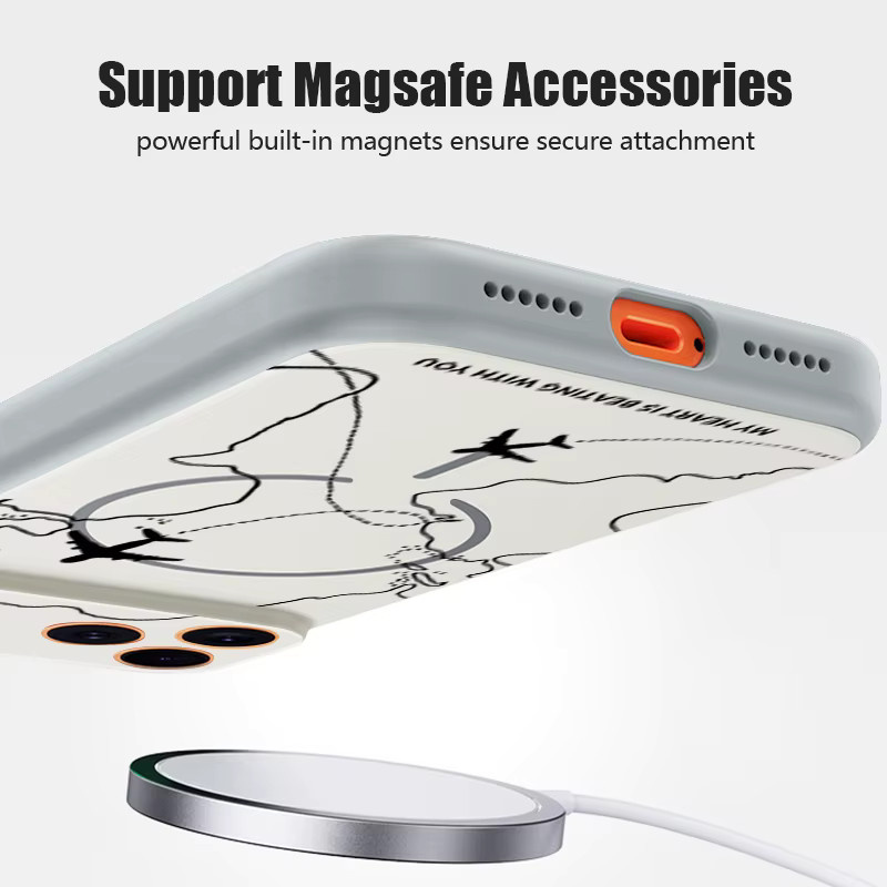 Magnetische MOESOE Handyhülle mit Flugzeug-Route-Muster für iPhone 17 Pro Max, 16, 15, 14, 13 Pro Max, MagSafe Wireless Charging kompatibel, Hard PC Cover, Orange - Bild 4