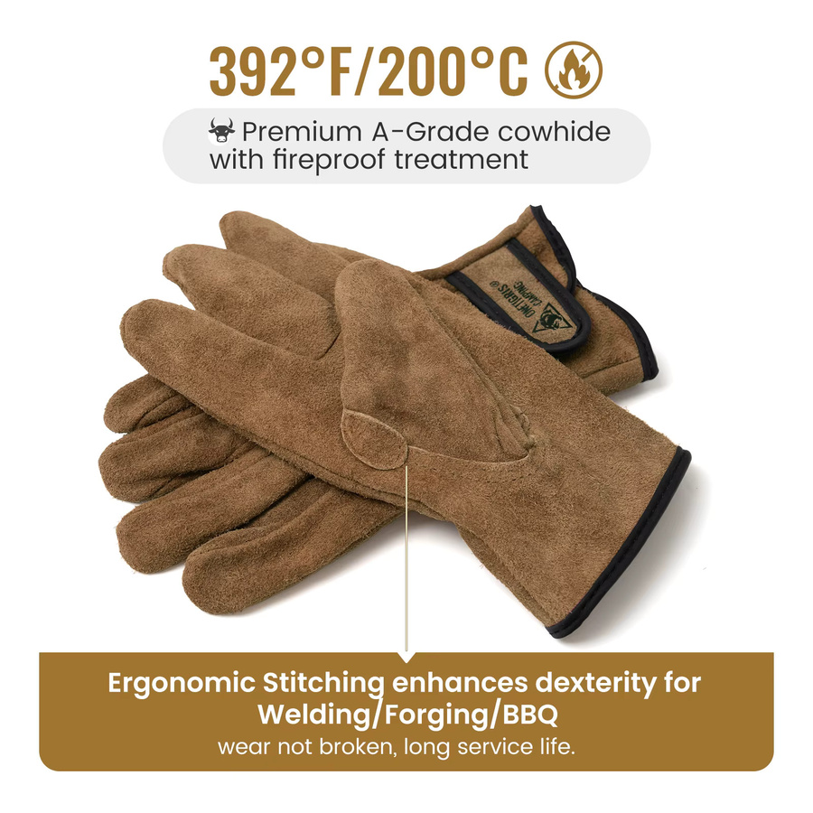 OneTigris Schweißhandschuhe aus braunem Rindsleder, feuerfeste und wärmeisolierende Arbeitshandschuhe für BBQ, Camping und Holzofen - Bild 2