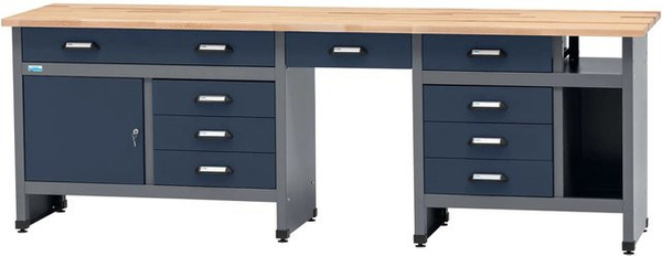 Küpper Werkbank mit 1 Tür, 9 Schubladen und Sitzraum, Dunkelblau, H x B x T: 84 x 240 x 60 cm