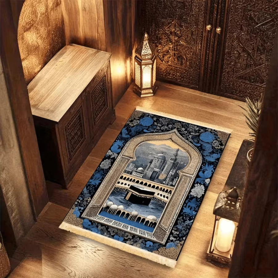 VIKAMA Gebetsteppich mit Kaaba-Muster in Blau, tragbare islamische Salah-Matte mit Quasten im orientalischen Design - Bild 4