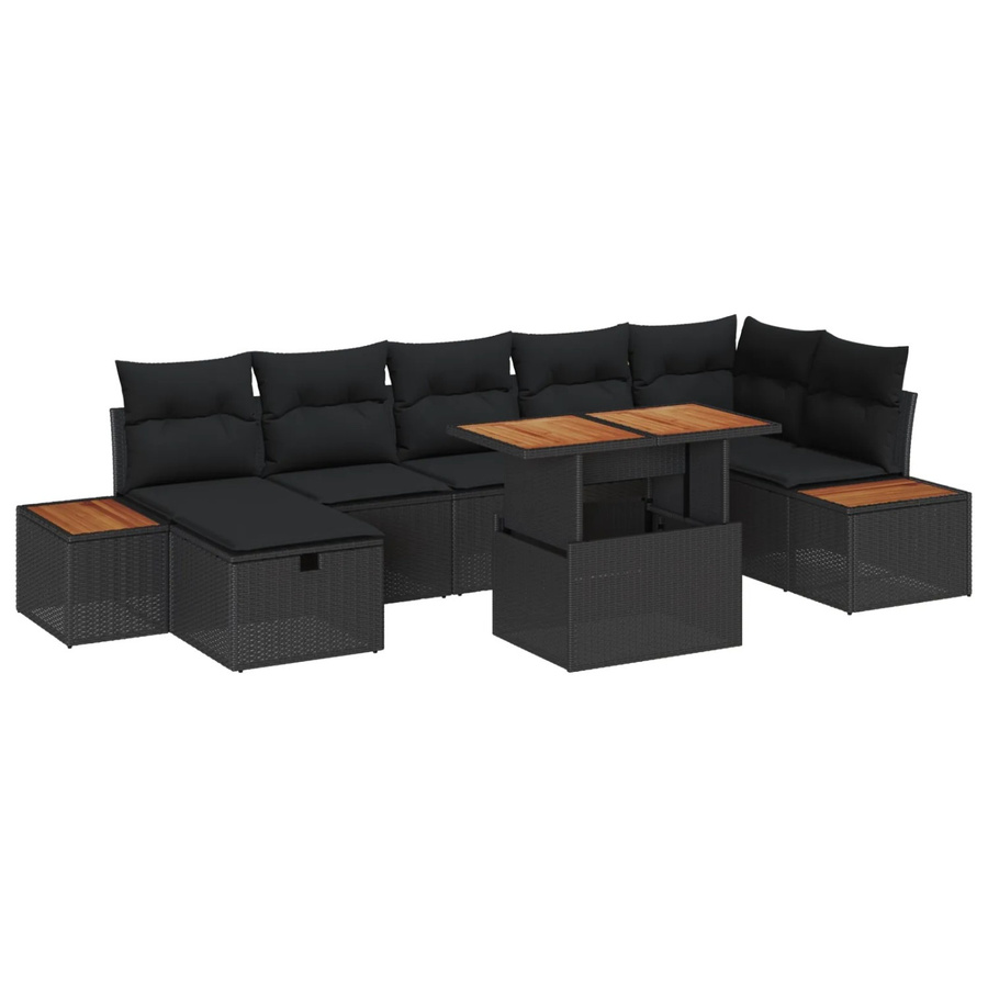 vidaXL Garten-Sofa-Set 8-teilig in Schwarz aus Poly Rattan und Akazienholz mit Polstern und Tisch in U-Form - Bild 2