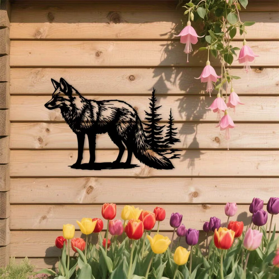 CIFBUY Metall-Wandkunst Fuchs und Kiefern in Schwarz als rustikale Wildtier-Silhouette für Innen und Außen - Bild 2