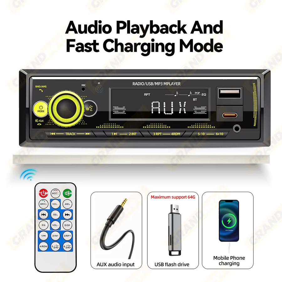 Grandnavi 1 DIN Autoradio mit Bluetooth, MP3-Player und USB Typ C, Multimedia-System mit Sprachassistent und AUX-Eingang, Schwarz - Bild 6