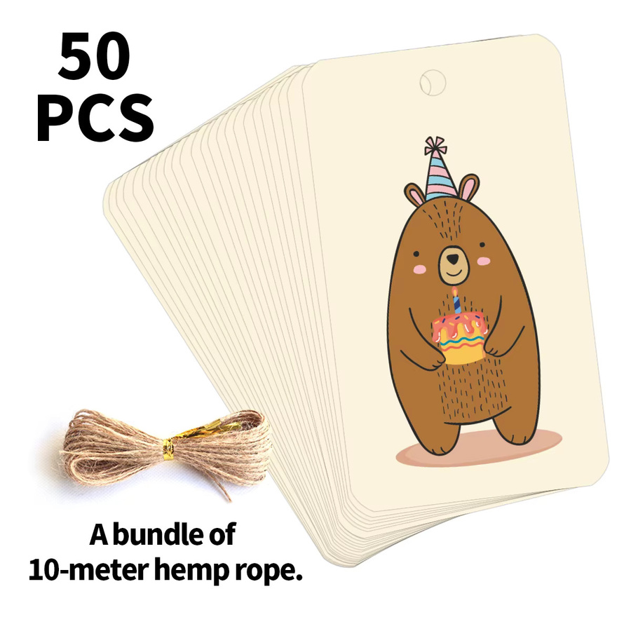 50 Stück Geburtstags-Geschenkanhänger mit niedlichem Cartoon-Braunbären-Design in Braun aus Papier - Bild 5