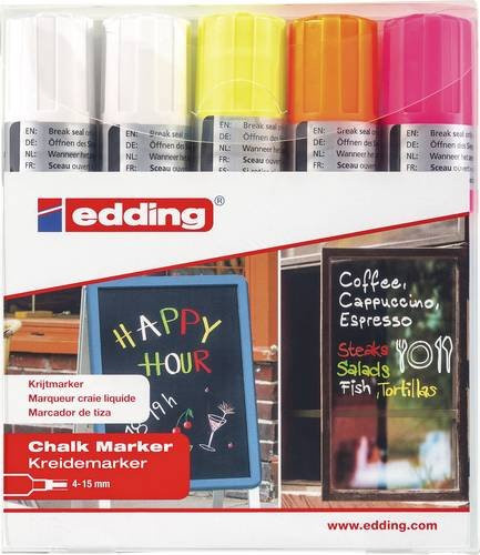 Edding 4090 Kreidemarker Set, 5 Stück, Farben: Weiß, Neongelb, Neonorange, Neonpink - Bild 1