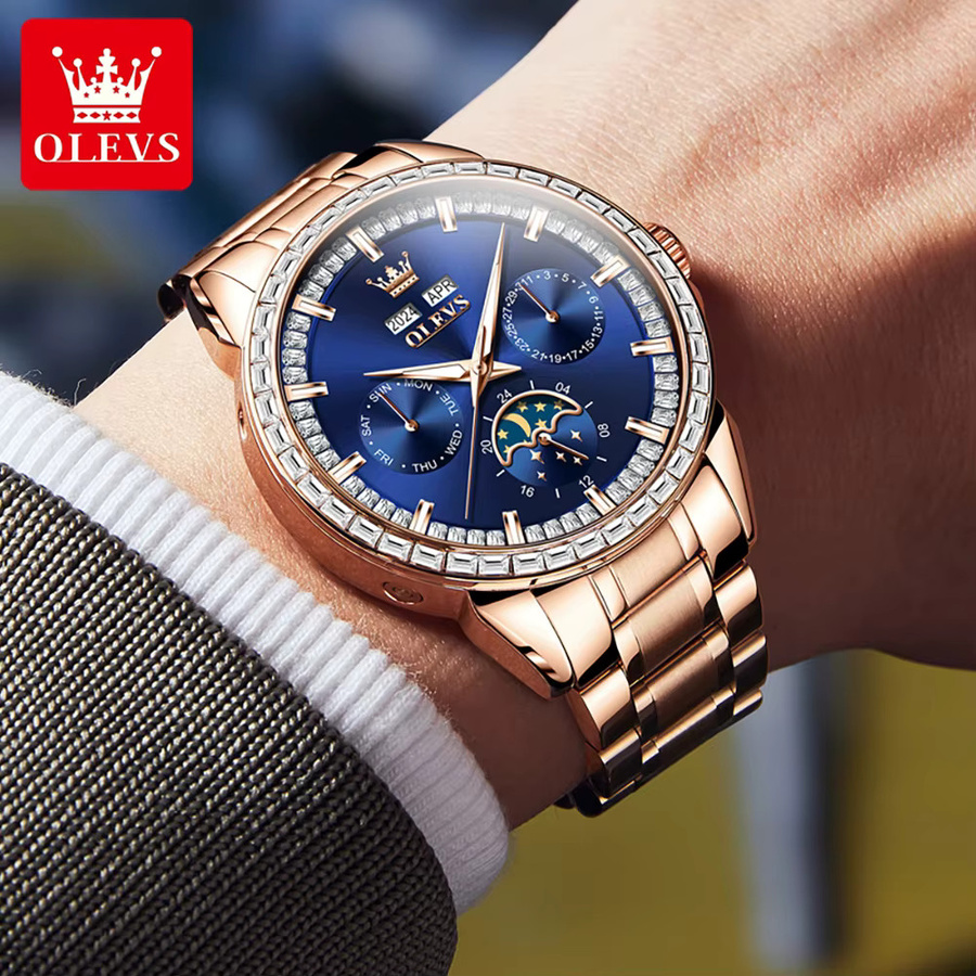 OLEVS Armbanduhr, Automatik, Edelstahl, Bicolor, Roségold, Blau, Herren - Bild 5