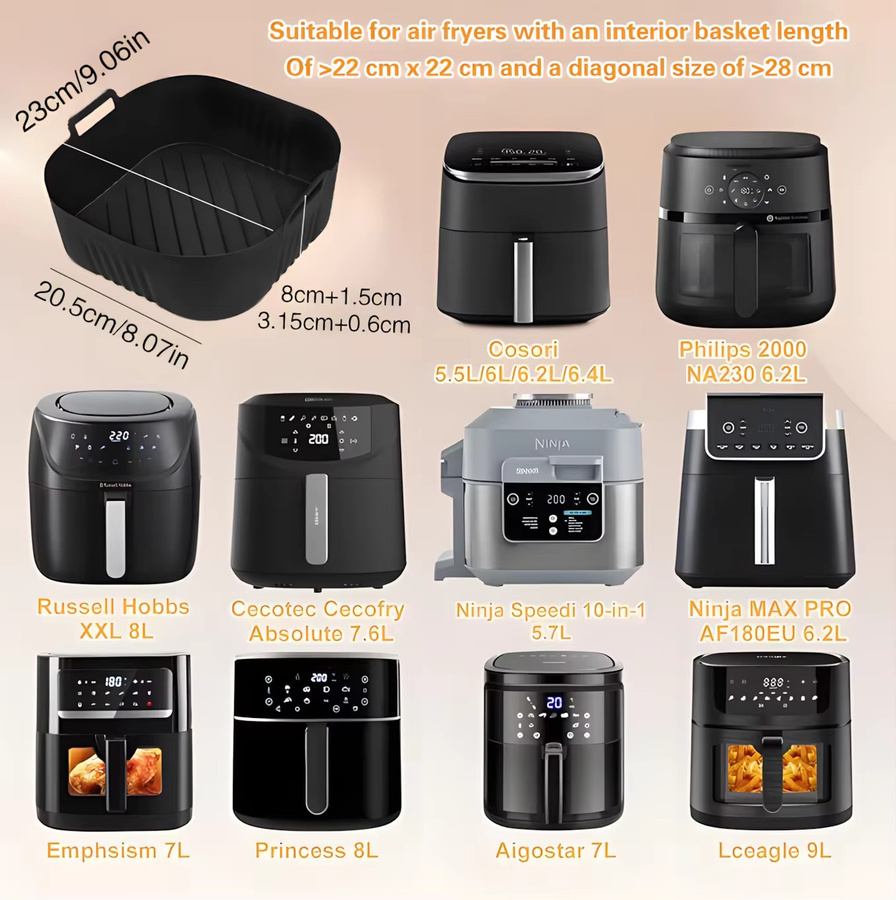 Quadratische Silikon-Luftfritteusenform und Grillgestell in Schwarz für COSORI 6,4L, Cecotec 5,5L 6L und Ninja - Bild 1