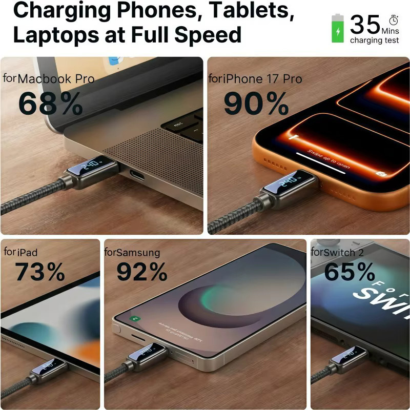 Vyvylabs 6er-Pack USB-C zu USB-C Schnellladekabel mit Digitalanzeige, 240W, Schwarz - Bild 6