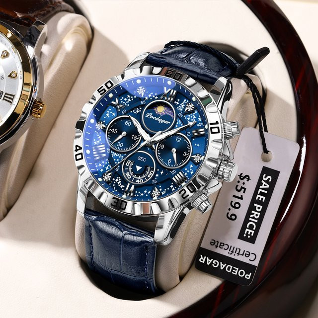 POEDAGAR Chronograph Armbanduhr, Quarz, Leder, Herren, Blau - Bild 1