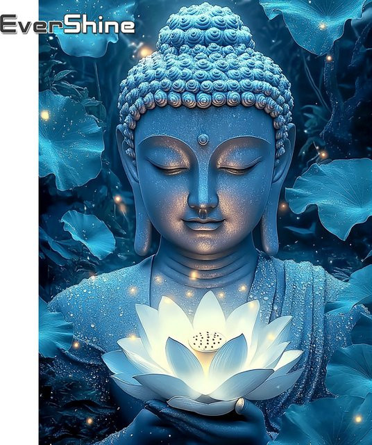 EverShine Diamant-Mosaik Buddha-Porträt Wandkunst mit Lotus-Motiv in Blau, Vollquadratische Strass-Stickerei auf Leinwand, B/H: 30 x 30 cm - Bild 1