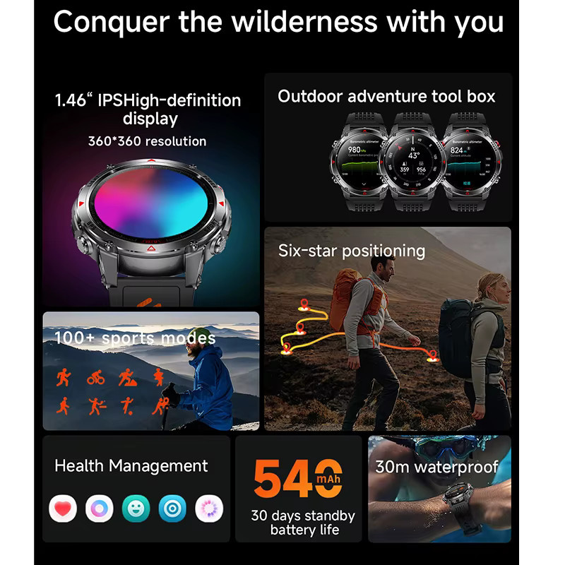OUIO Militär-T-Rex 3 Ultra GPS-Smartwatch in Schwarz mit Taschenlampe, Herzfrequenzmessung und Sport-Tracker, 3 ATM wasserdicht, 540 mAh Akku - Bild 3