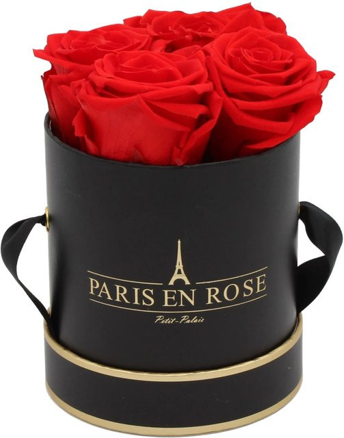PARIS EN ROSE Rosenbox Schwarz-Gold mit 4 roten Rosen, Durchmesser: 10 cm - Bild 1