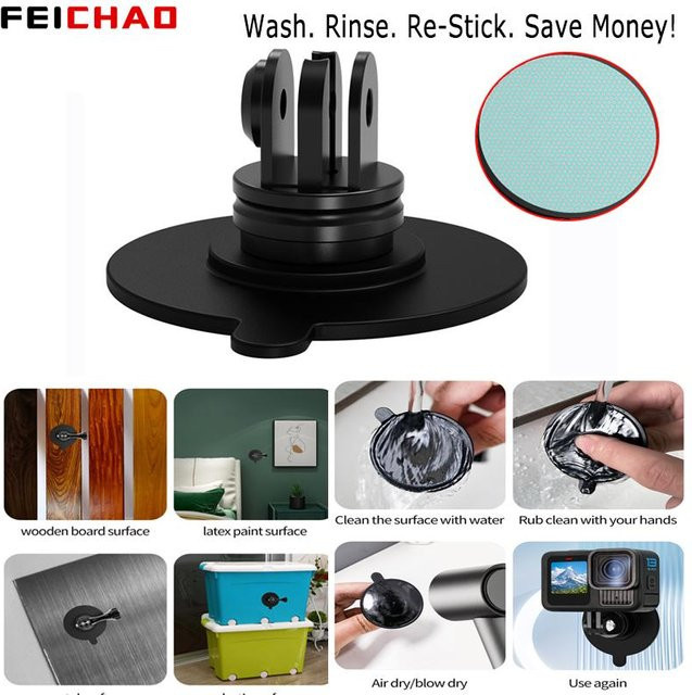 FEICHAO Selbstklebender Kamerahalter mit Saugnapfhalterung für GoPro 13, DJI Action 5 und Insta360 Ace Pro, Motorradhelmbasis, Schwarz - Bild 1