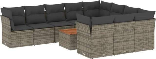 vidaXL 11-tlg Garten-Sofagarnitur aus Poly Rattan und Akazienholz in Grau mit Kissen - Bild 1