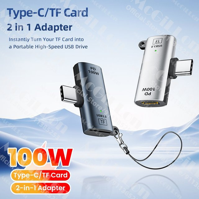 MCGILLON 2-in-1 Typ-C OTG-Adapter USB-C zu USB 3.0 und TF-Kartenleser mit PD100W Schnellladegerät in Silber - Bild 1