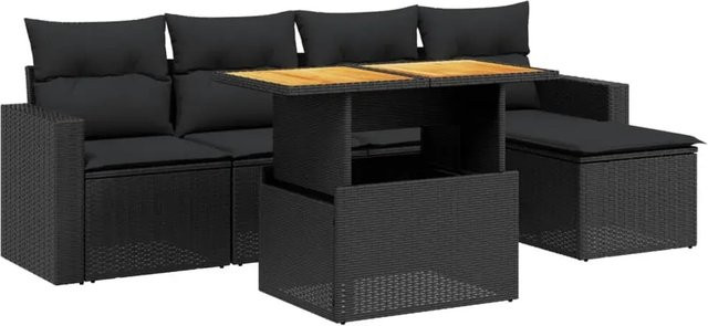 vidaXL 6-teilige Garten-Sofagarnitur in L-Form aus Polyrattan und Akazienholz mit Kissen, Schwarz - Bild 1