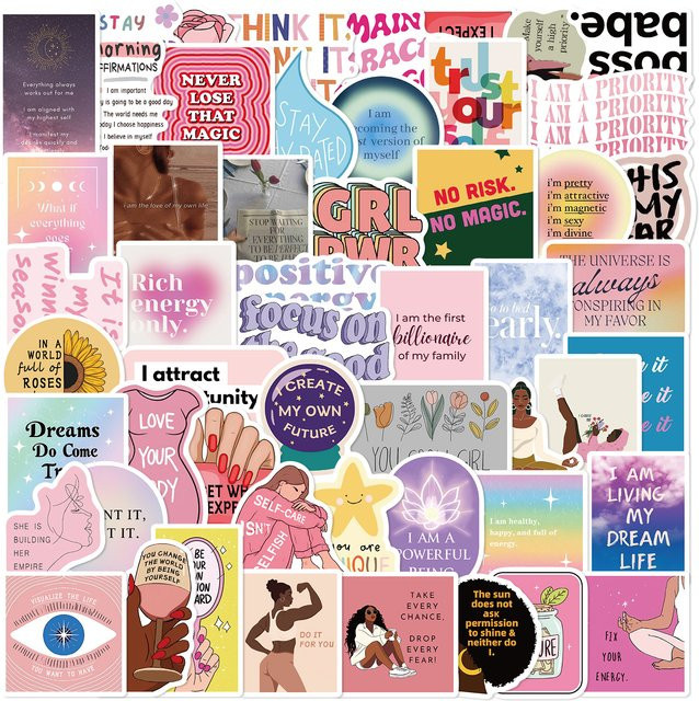 52 Stück Motivations Aufkleber für dein Vision Board, Wasserdichte DIY Scrapbooking Aufkleber in Mehrfarben mit abstrakten und organischen Designs - Bild 1