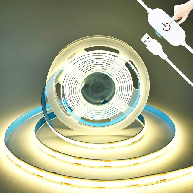 COXO COB LED Streifen mit Touch Dimmer und USB Stecker, 320 LEDs/m, flexibler LED Band für Innenbeleuchtung, CCT dimmbar, Weiß - Bild 1