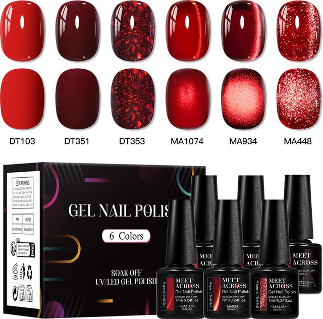 Meet Across Magnetgel & Farbgel Nagellack Set, 6-teilig, Rot-Rosa, Glänzend - Bild 1