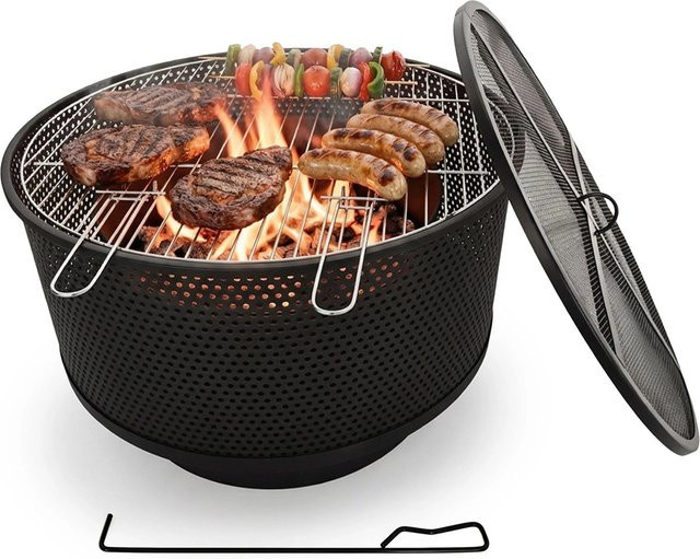 Relaxdays Feuerschale aus Stahl in Schwarz mit Grillrost, Funkenfang und Hitzeschild, Durchmesser: 61 cm, Höhe: 38 cm - Bild 1
