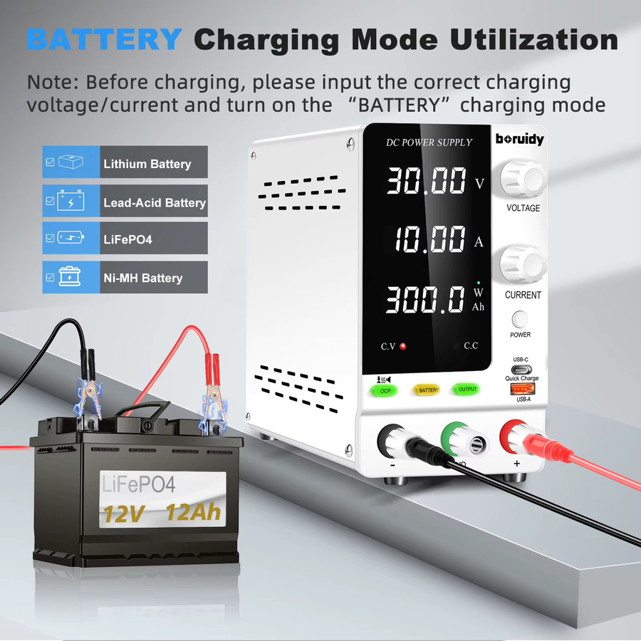 Boruidy Stabilisierte Labor-Stromversorgung zum Laden von LiFePO4, Nickel-Metall, Lithium-Ionen und Hydrid-Batterien, 120V 3A 360W, Einstellbar für 12V 24V 30V 48V - Bild 3