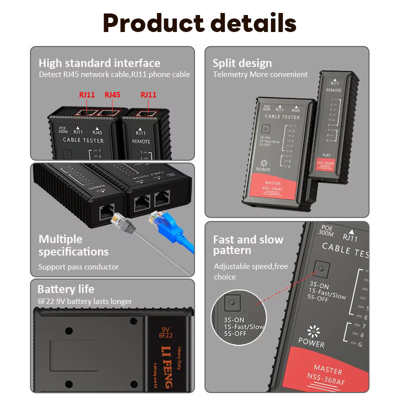 SHOYEE LAN-Kabeltester für RJ45 und RJ11, POE brennsicherer Netzwerkwerk-Tester in Schwarz - Bild 2