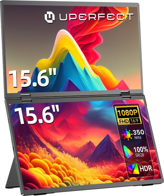 UPERFECT Delta 15,6 Zoll FHD Dualer Tragbarer Monitor All-in-One mit klappbarem und stapelbarem Design, 107% sRGB, Farbe: Schwarz, Anschlüsse: USB-C und HDMI - Bild 1