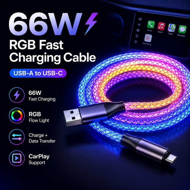 66W RGB Flow USB-C Kabel mit LED-Beleuchtung in Schwarz und Multicolour für schnelles Laden und Datenübertragung von Telefon, Tablet und Laptop - Bild 1
