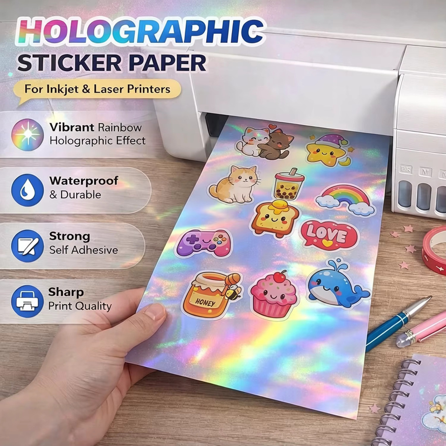 10er-Pack A4 Holografisches Vinyl-Aufkleberpapier in Multicolour, Wasserfeste Regenbogen-Selbstklebefolien für Tintenstrahl- und Laserdrucker für deine DIY-Bastelprojekte - Bild 2