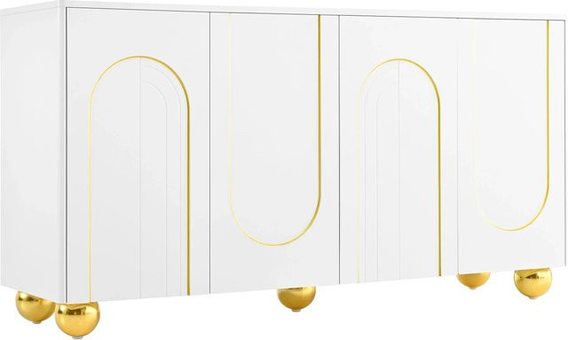 Merax Sideboard mit 4 Türen in Weiß und Gold, modernes Design mit geometrischen Bogenlinien und Metallfüßen - Bild 1