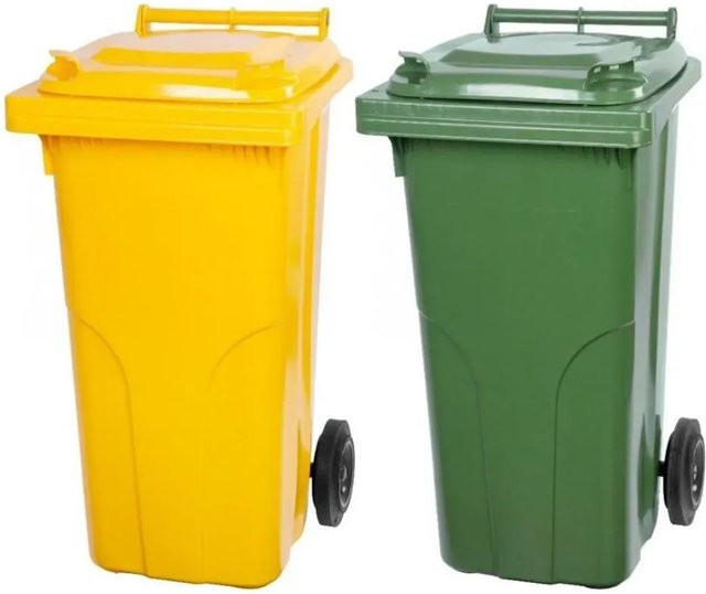 PROREGAL SuperSparSet 2x 120 Liter Mülltonne mit 2 Rädern aus HDPE-Kunststoff in Gelb und Grün - Bild 1