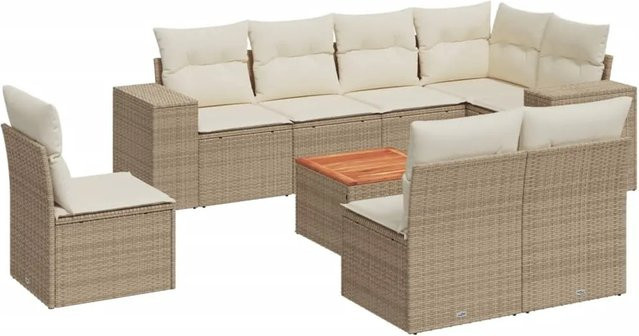 vidaXL 9-teilige Garten-Sofagarnitur in L-Form aus Poly-Rattan und pulverbeschichtetem Stahl mit Kissen in Beige-Creme - Bild 1