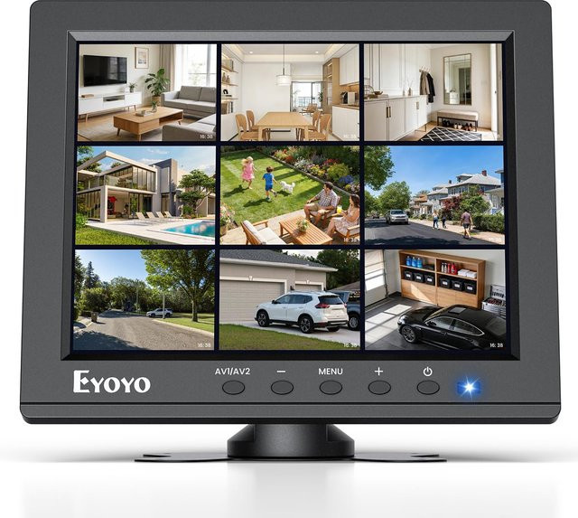 Eyoyo 8-Zoll Überwachungskamera-Monitor in Schwarz mit 1024x768 Auflösung, HDMI, VGA, BNC, AV und USB Anschlüssen sowie integrierten Lautsprechern - Bild 1