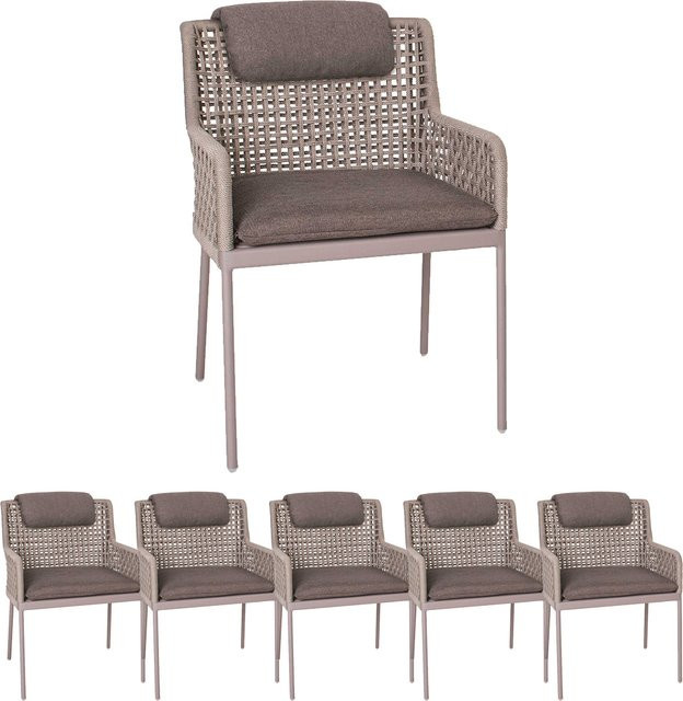 6er Set Stern Greta Sessel aus Aluminium in Champagner mit Synthetikfaser Ecru und Sitz- sowie Rückenkissen in Rehbraun - Bild 1