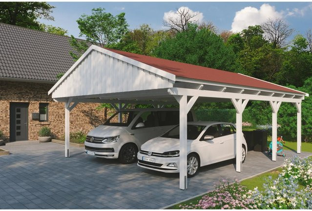 Skan Holz Carport Fichtelberg aus Fichte in Weiß mit spitzer Dachform und Dachschindeln, B: 618 cm, T: 808 cm, H: 362 cm - Bild 1
