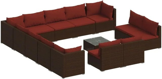 vidaXL 14-teiliges Garten-Lounge-Set aus braunem Poly-Rattan mit Kissen und Glastisch - Bild 1
