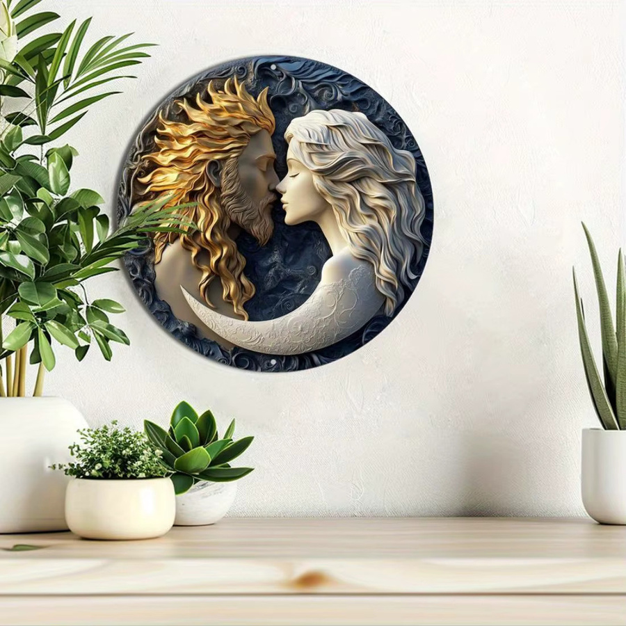 HELLOYOUNG Wandschild Sonne und Mond aus Aluminium Metall, Retro Rundes Wanddekor für Küche und Zuhause, Durchmesser: 20 cm - Bild 2