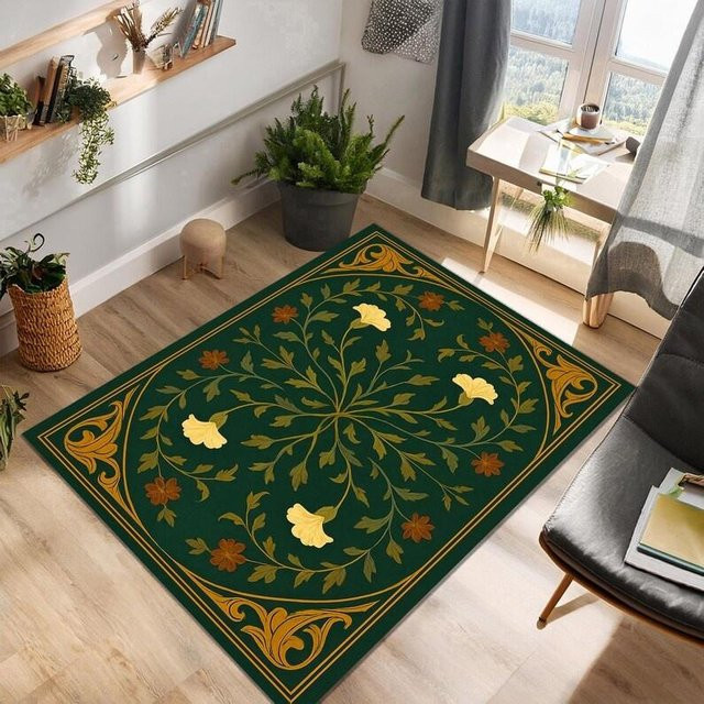 Lodestar Natur Teppich mit Blumen, Vögeln und Käfern in Grün, B/B: 40 x 60 cm - Bild 1