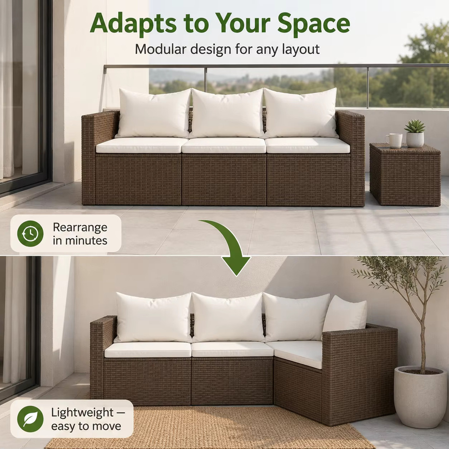 SUXI 3-Sitzer Gartensofa aus braunem Polyrattan mit Kissen für Terrasse und Balkon - Bild 2