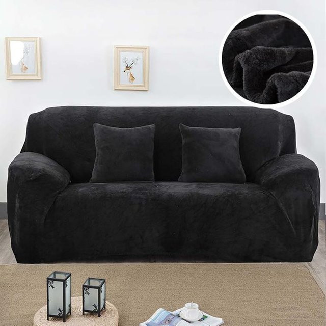 FebEr Samt-Plüsch-Sofabezug für 1-Sitzer, elastischer Chaiselongue-Bezug in Schwarz - Bild 1