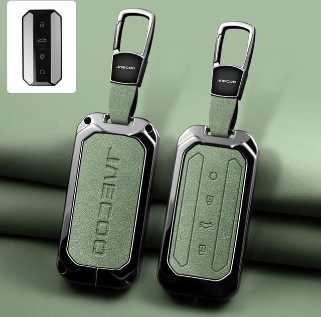 Schlüsselhülle aus Metall und Leder für Chery Jaecoo J5 5 (2025 2026) in Grün mit Schlüsselanhänger - Bild 1