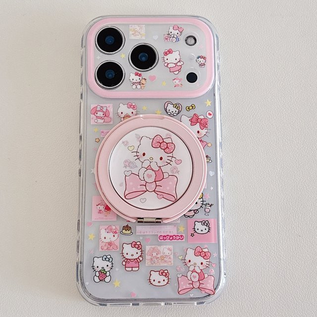 Hello Kitty Magnetische Handyhülle mit Linsenschutz und Magnetständer für Apple iPhone 17 16 15 14 13 Pro Max in Cartoon-Schleifen-Design - Bild 1