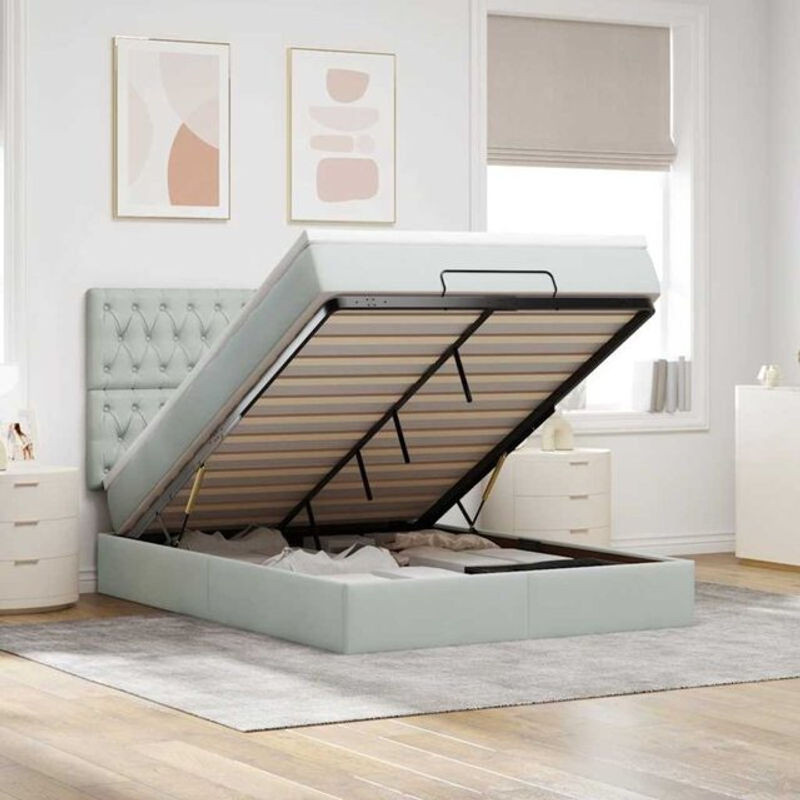 Vidaxl Ottoman Polsterbett mit Matratzen und LED in Hellgrau aus Samt, B/T: 140 x 190 cm - Bild 1