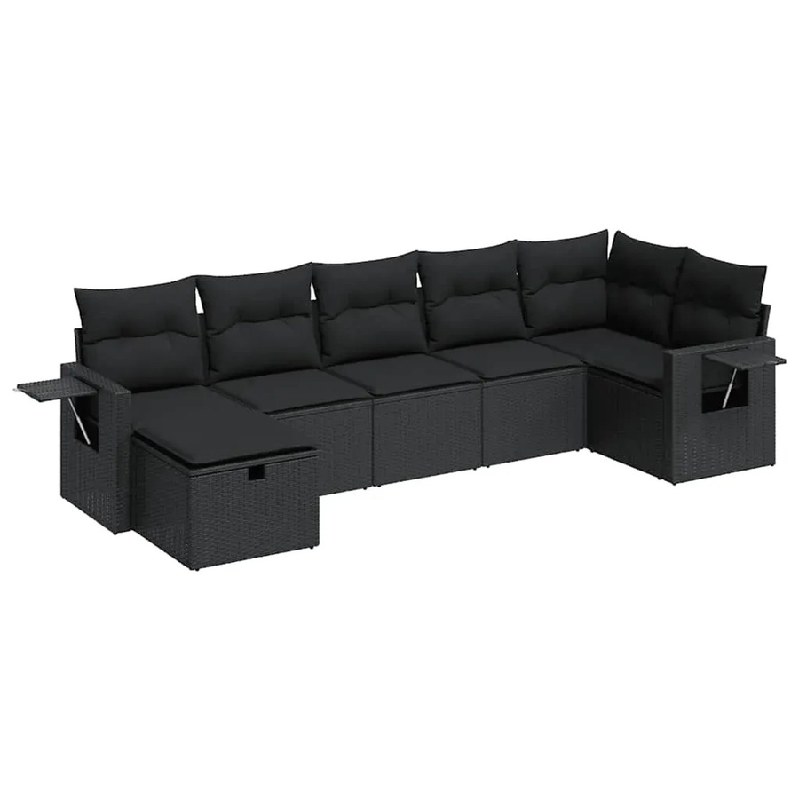 vidaXL 7-tlg. Garten-Sofagarnitur in L-Form aus schwarzem Poly-Rattan mit Kissen und pulverbeschichtetem Stahlgestell - Bild 2