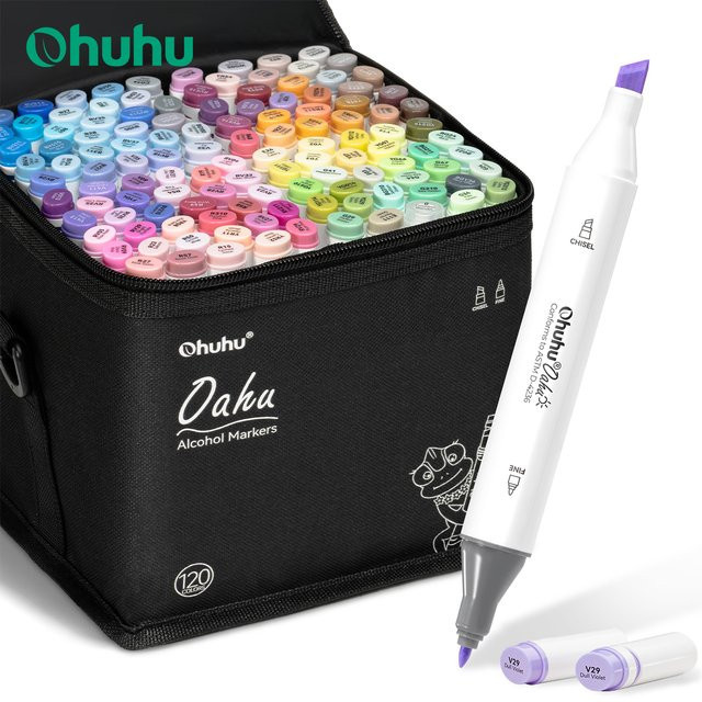 Ohuhu Oahu Alkohol-Marker Set mit 120 Farben, Doppelspitzen in Brush und Chisel für Manga, Skizzieren und Graffiti, Mehrfarbig - Bild 1