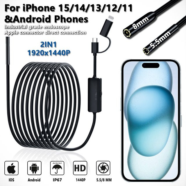 DUTRIEUX Endoskop Kamera für Android, iPhone und iOS zur Inspektion von Auto, Rohr und Kanalisation, Schwarz, Durchmesser: 5,5/8 mm - Bild 1