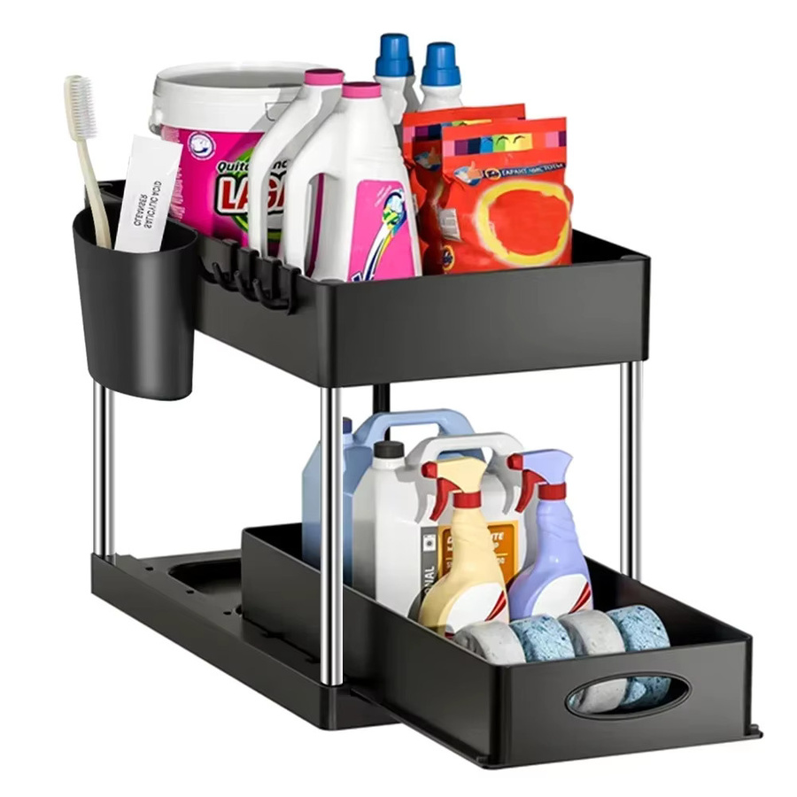 GENGSHENG 2-stufiger Organizer unter dem Waschbecken in Schwarz mit Haken und Aufbewahrungskorb für Badezimmer und Küche - Bild 6